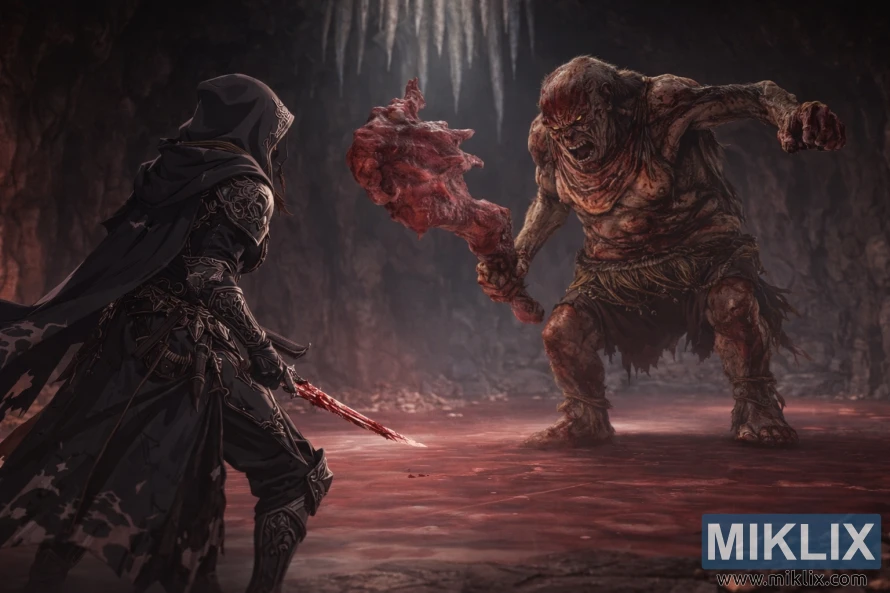 Im Anime-Stil gekleidet, trägt Tarnished eine Rüstung des Schwarzen Messers und steht dem Oberblutdämon in einer blutüberfluteten Höhle kurz vor Kampfbeginn gegenüber.