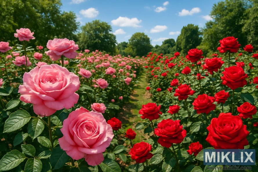 Rows of pink and red roses in full bloom with a grassy path under a sunny blue sky.