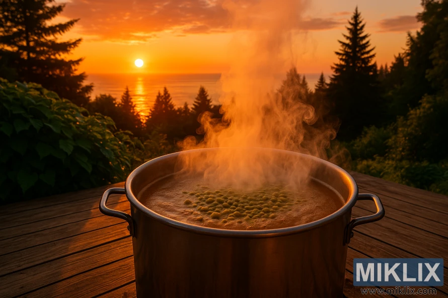 Stillehavssoloppgang over en rustik terrasse med en dampende bryggekjele med kokende vørter og humle.
