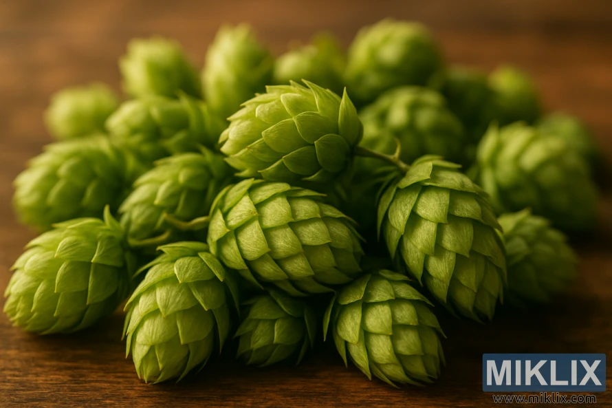 دہاتی لکڑی کی سطح پر سبز نارتھ ڈاؤن ہاپ کونز کے بنڈل کا کلوز اپ، نرم گرم روشنی سے روشن۔