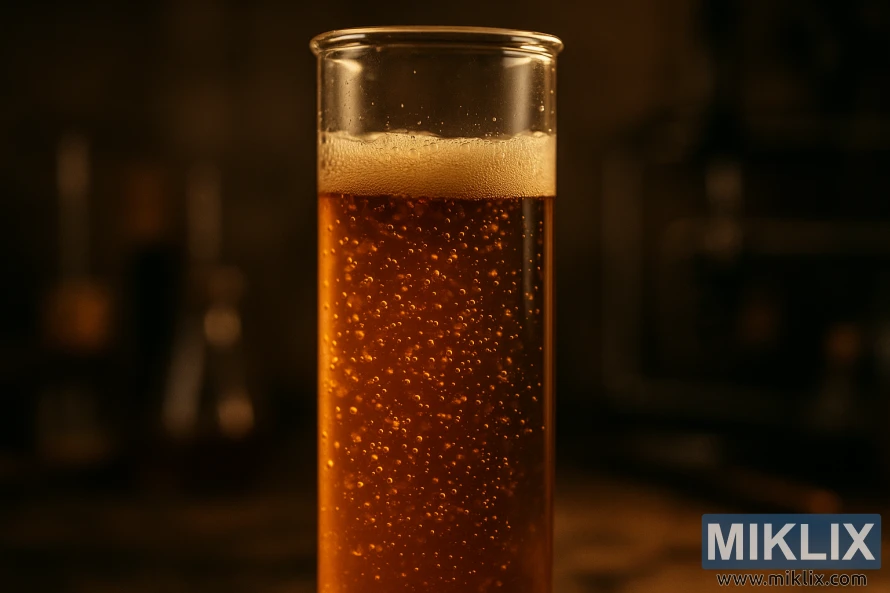 A close-up of a glass test tube filled with amber-colored, bubbling liquid illuminated by warm side lighting, with a blurred rustic lab background of wooden surfaces and brewing equipment. A close-up of a glass test tube filled with amber-colored, bubbling liquid illuminated by warm side lighting, with a blurred rustic lab background of wooden surfaces and brewing equipment.