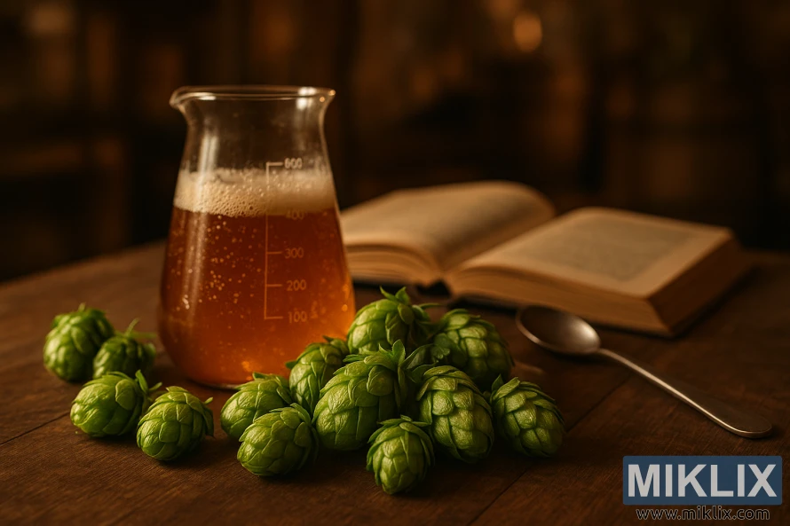 Шишарке хмеља Aquila на дрвеном столу са чашом ћилибарне сладовине.