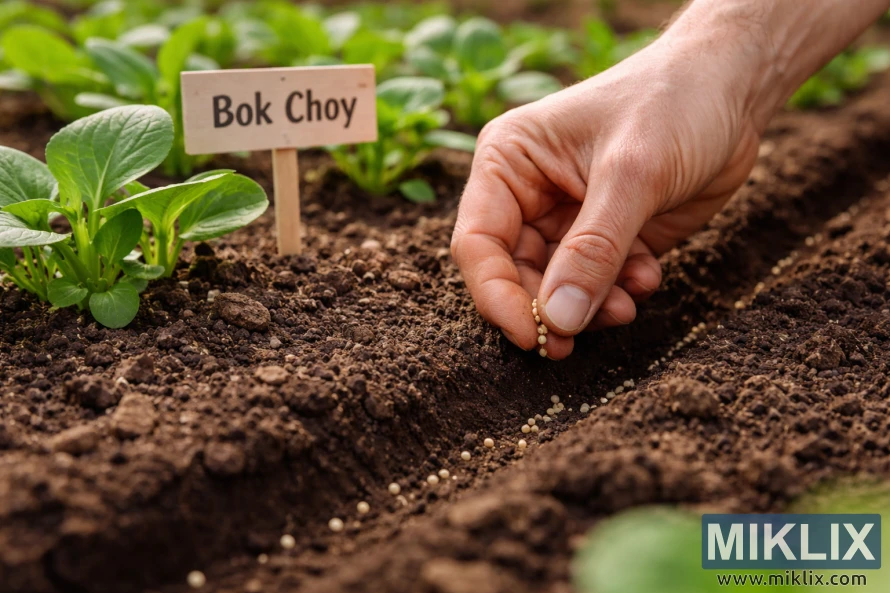 Nærbilde av en gartners hånd som plasserer bok choy-frø i en grunn fure i mørk hagejord, med unge bok choy-planter og en merket tretusj i bakgrunnen. Nærbilde av en gartners hånd som plasserer bok choy-frø i en grunn fure i mørk hagejord, med unge bok choy-planter og en merket tretusj i bakgrunnen.