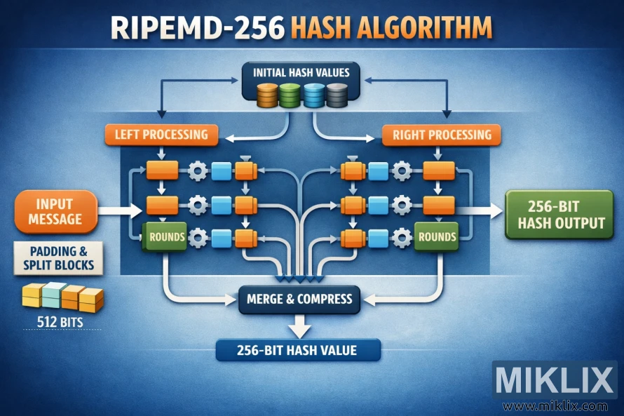 Infographic showing the RIPEMD-256 hash algorithm with input, padding, parallel left and right processing lanes, merge and compress stage, and final 256-bit hash output.