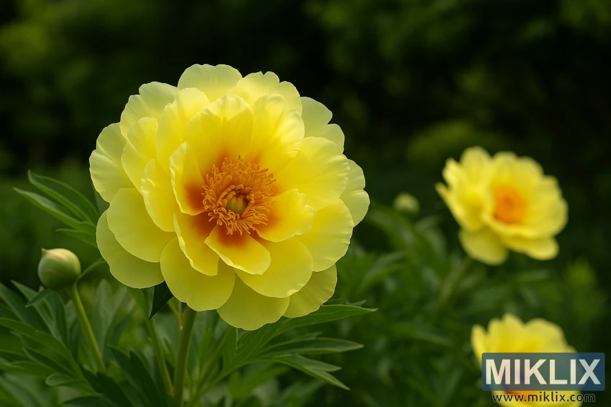 A close-up of a Bartzella intersectional peony with large semi-double yellow petals and golden stamens in a lush garden setting.