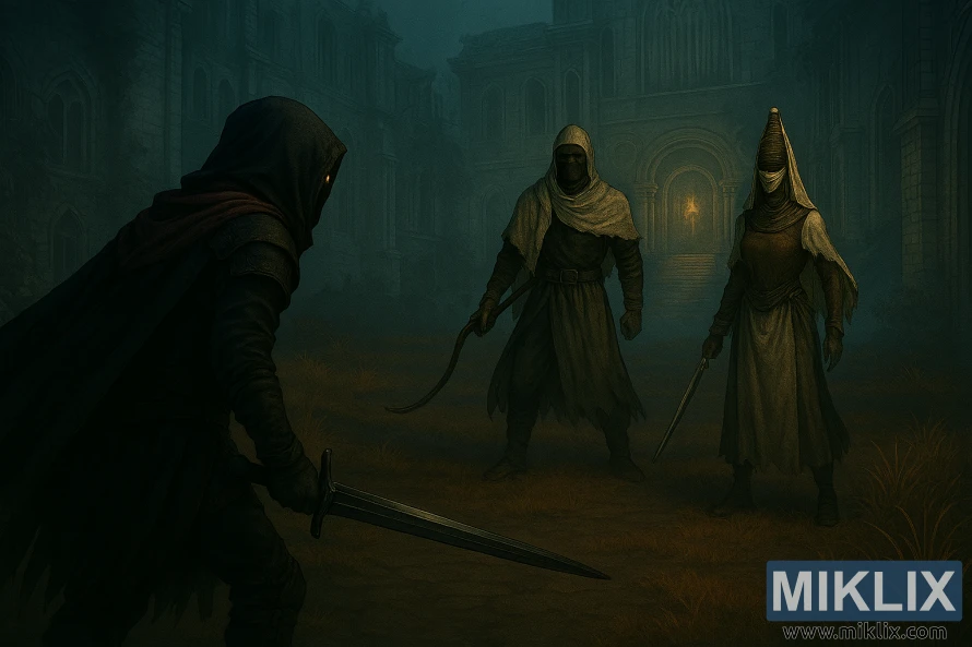 Realistic fantasy art of the Tarnished in Black Knife armor confronting Nox Swordstress and Nox Monk in Sellia Town of Sorcery with expanded background Realistic fantasy art of the Tarnished in Black Knife armor confronting Nox Swordstress and Nox Monk in Sellia Town of Sorcery with expanded background