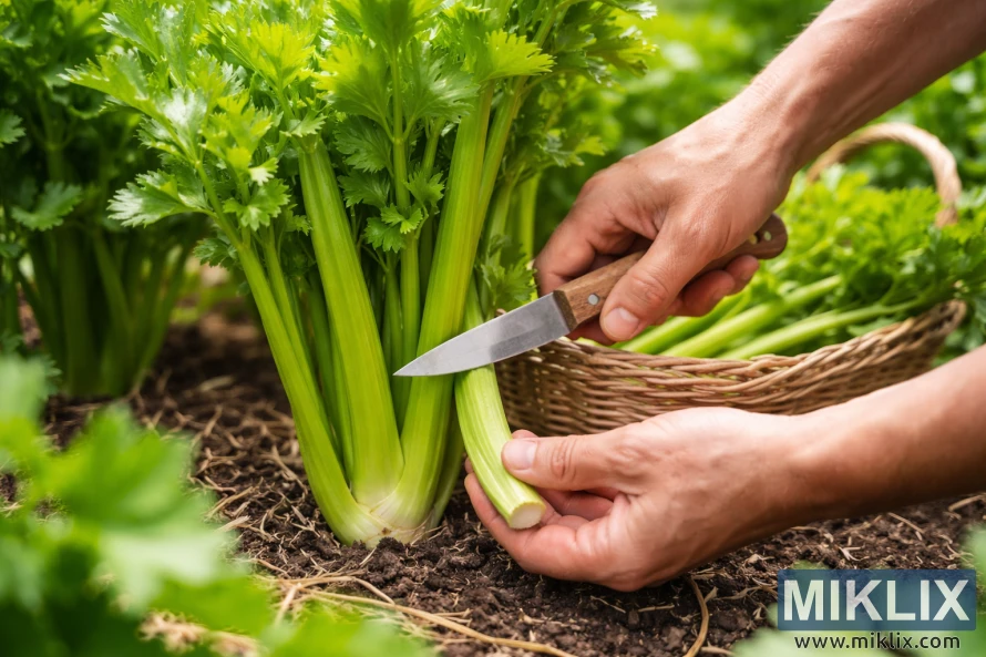 Duar duke korrur një kërcell të jashtëm selinoje me thikë, ndërsa e lënë pjesën tjetër të bimës së selinosë të rritet në një kopsht.