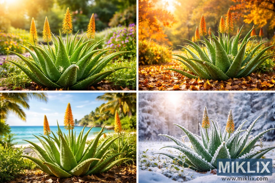 Landscape collage showing aloe vera plants in spring, summer, autumn, and winter environments, highlighting seasonal changes from sunny gardens and beaches to autumn leaves and snowy landscapes. Landscape collage showing aloe vera plants in spring, summer, autumn, and winter environments, highlighting seasonal changes from sunny gardens and beaches to autumn leaves and snowy landscapes.