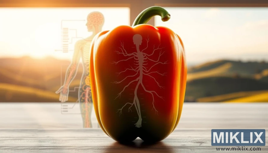Leuchtende Paprika mit grünen, roten und gelben Farbtönen vor einer Illustration des Immunsystems und einer ruhigen Landschaft. Leuchtende Paprika mit grünen, roten und gelben Farbtönen vor einer Illustration des Immunsystems und einer ruhigen Landschaft.