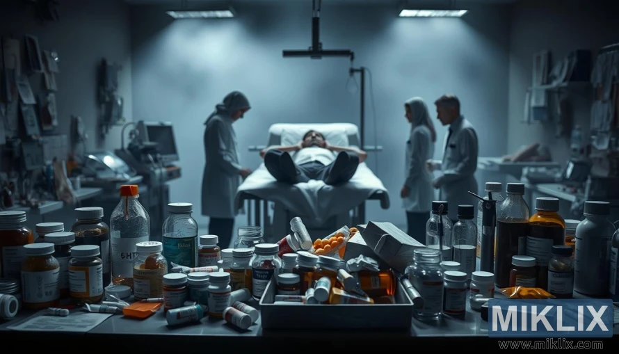 5-HTP जोखिमों से जुड़े परेशान रोगी, स्टाफ और सावधानी के संकेतों वाली मेडिकल लैब।