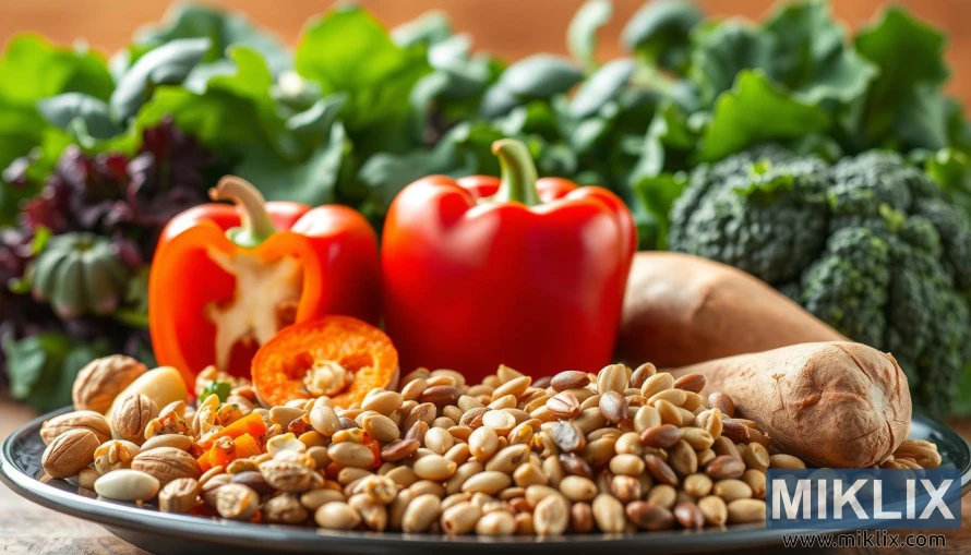 Натюрморт с храни, богати на CoQ10, включително ядки, семена, бобови растения, чушки, сладки картофи и листни зеленчуци. Натюрморт с храни, богати на CoQ10, включително ядки, семена, бобови растения, чушки, сладки картофи и листни зеленчуци.