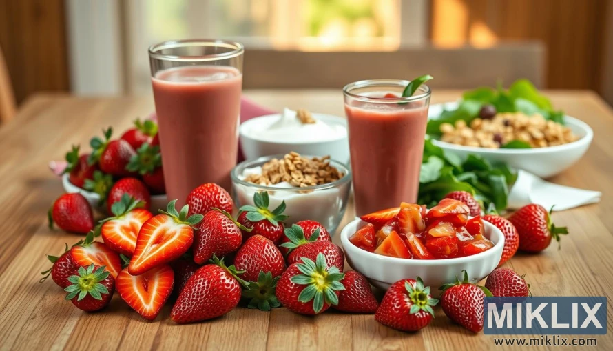 Strawberries na may smoothie, salsa, yogurt, granola, at mga gulay sa isang kahoy na mesa.