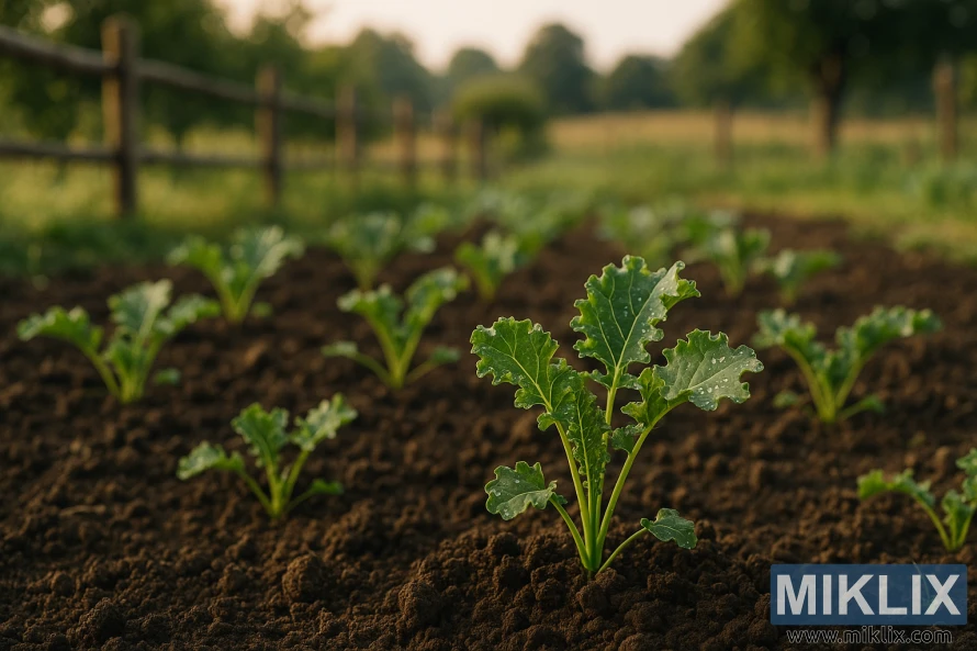 Rows of young baby kale plants sprouting in dark soil with dew on their leaves in a country garden at sunrise.