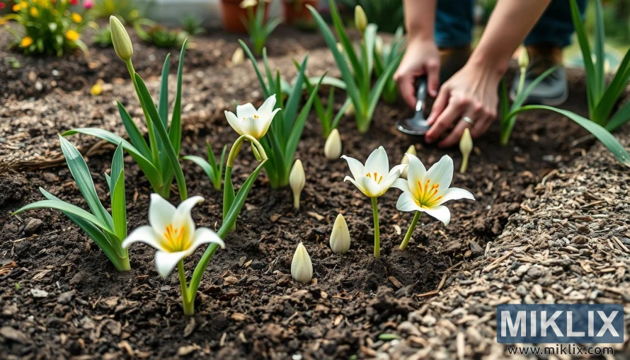 White lilies in soil with green leaves and hands tending the garden.