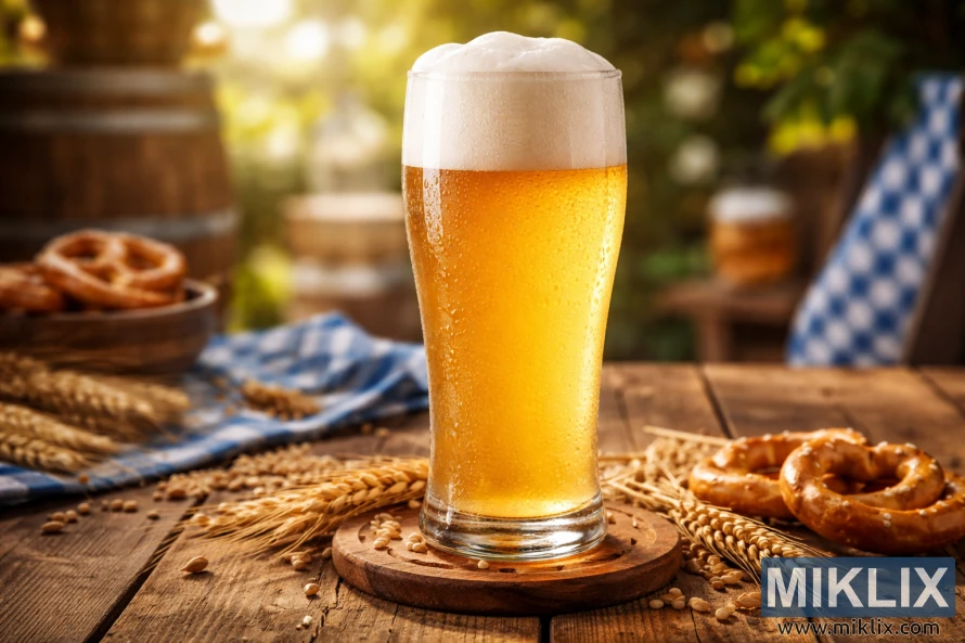 Frosty glass of Bavarian wheat beer with a thick foamy head on a rustic wooden table, surrounded by wheat stalks, barley grains, pretzels, and a blue-and-white checkered cloth in warm sunlight.