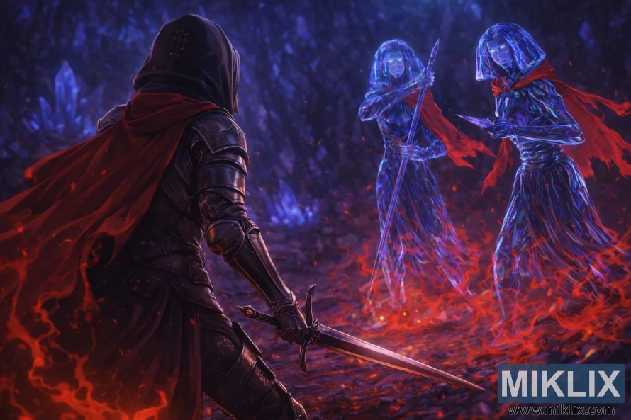 Illustration de style anime représentant l'armure du Couteau Noir Terni, vue de dos, tenant une longue épée et faisant face à deux boss cristallins au milieu d'une énergie rougeoyante dans la Grotte de Cristal de l'Académie.