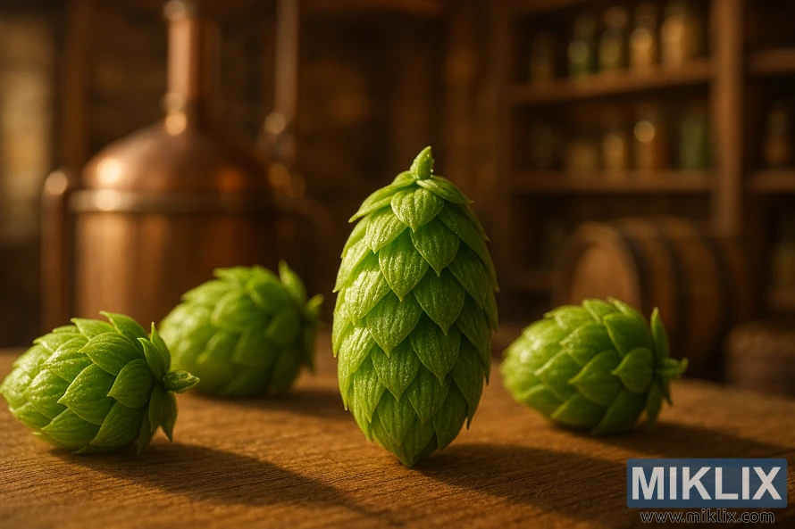 Close-up of Smooth Cone hops with brewing equipment and wooden interior in the background Close-up of Smooth Cone hops with brewing equipment and wooden interior in the background