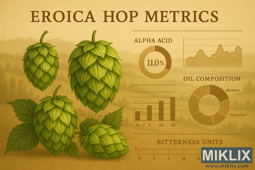 Illustrasjon av Eroica-humlekjegler med bryggemetriske diagrammer overlagt.