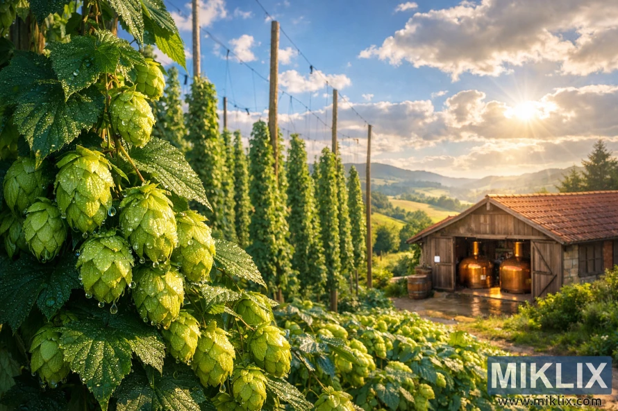 Lush Nadwislanska hop farm with dew-covered hop cones, wooden trellises, rolling hills, and a rustic brewery with copper kettles under a sunny blue sky.