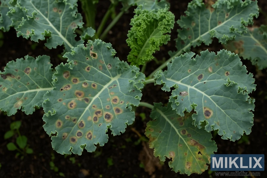 Close-up of kale leaves showing symptoms of common diseases such as black rot, downy mildew, and leaf spot in a vegetable garden.