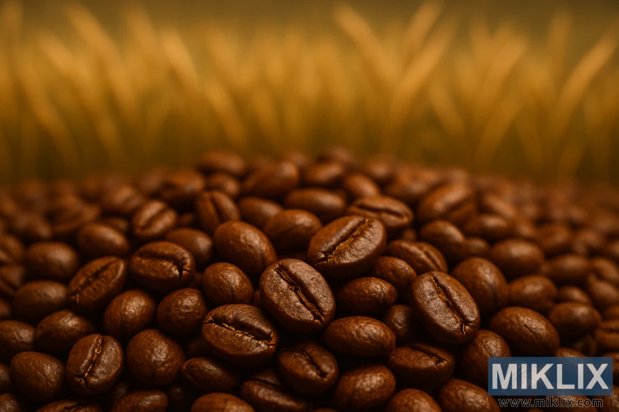 Nærbilde av brente kaffebønner i varmt lys med uskarp maltfeltbakgrunn.