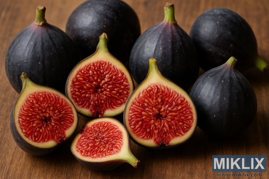 Close-up of ripe Chicago Hardy figs, some whole and some halved, showing their rich red interiors on a wooden table. Close-up of ripe Chicago Hardy figs, some whole and some halved, showing their rich red interiors on a wooden table.