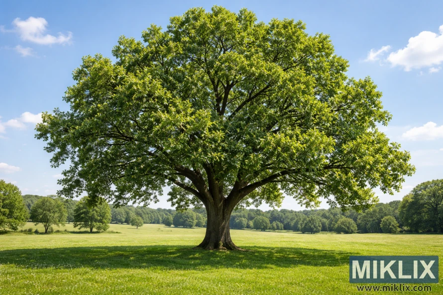 A mature walnut tree standing alone in a sunny open field with a broad green canopy and ample space around it. A mature walnut tree standing alone in a sunny open field with a broad green canopy and ample space around it.