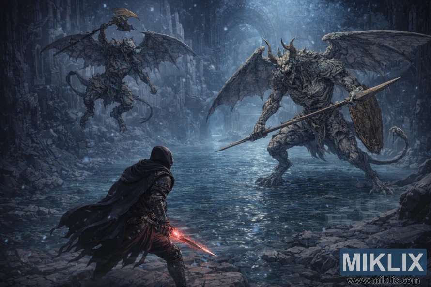 സിയോഫ്ര അക്വെഡക്റ്റ് അവശിഷ്ടങ്ങളിൽ രണ്ട് ഭീമാകാരമായ വാലിയന്റ് ഗാർഗോയിലുകളെ അഭിമുഖീകരിക്കുന്ന ടാർണിഷ്ഡ് ഇൻ ബ്ലാക്ക് നൈഫ് കവചത്തിന്റെ ഐസോമെട്രിക് ആനിമേഷൻ-ശൈലിയിലുള്ള കാഴ്ച.