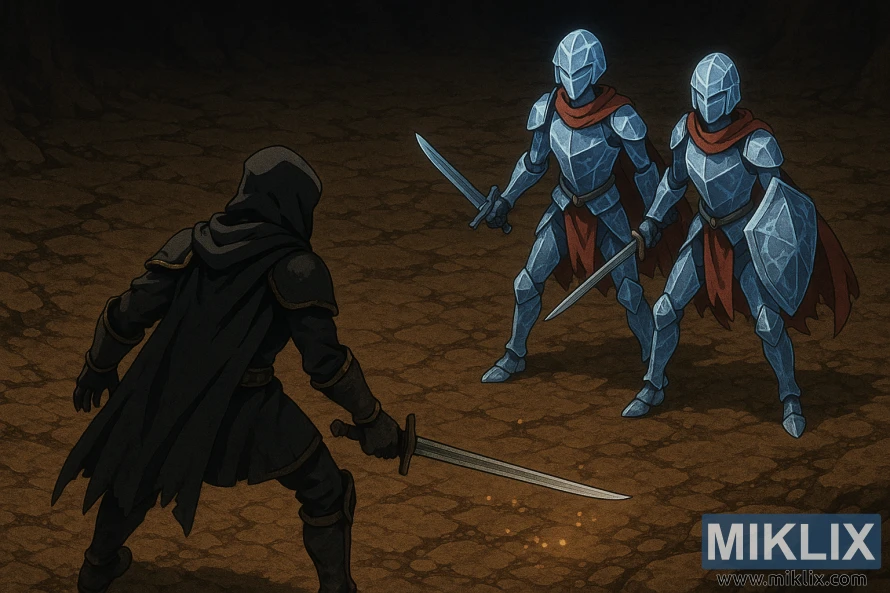 Anime-style scene showing a Tarnished in Black Knife armor facing two Crystalians, one with a spear and one with a sword and shield.