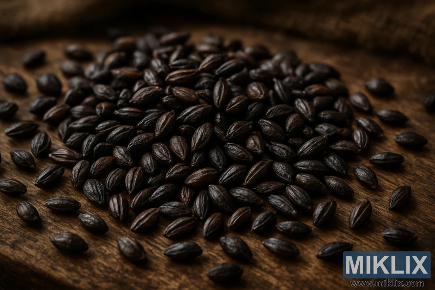 Nærbilde av mørkbrente byggkorn på treflate i myk, varm belysning.