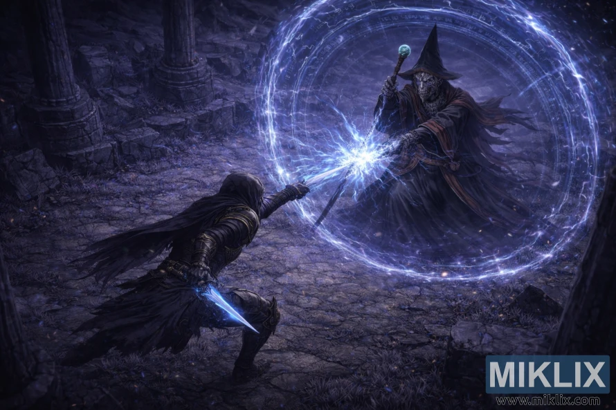 Illustration isométrique fantastique représentant l'armure du Couteau Terni en Noir combattant le Mage de Bataille Hugues à l'intérieur de Sellia Evergaol avec de la magie de foudre bleue.