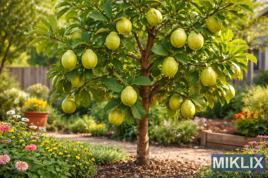 Healthy guava tree with ripe fruits growing in a sunlit home garden surrounded by flowers