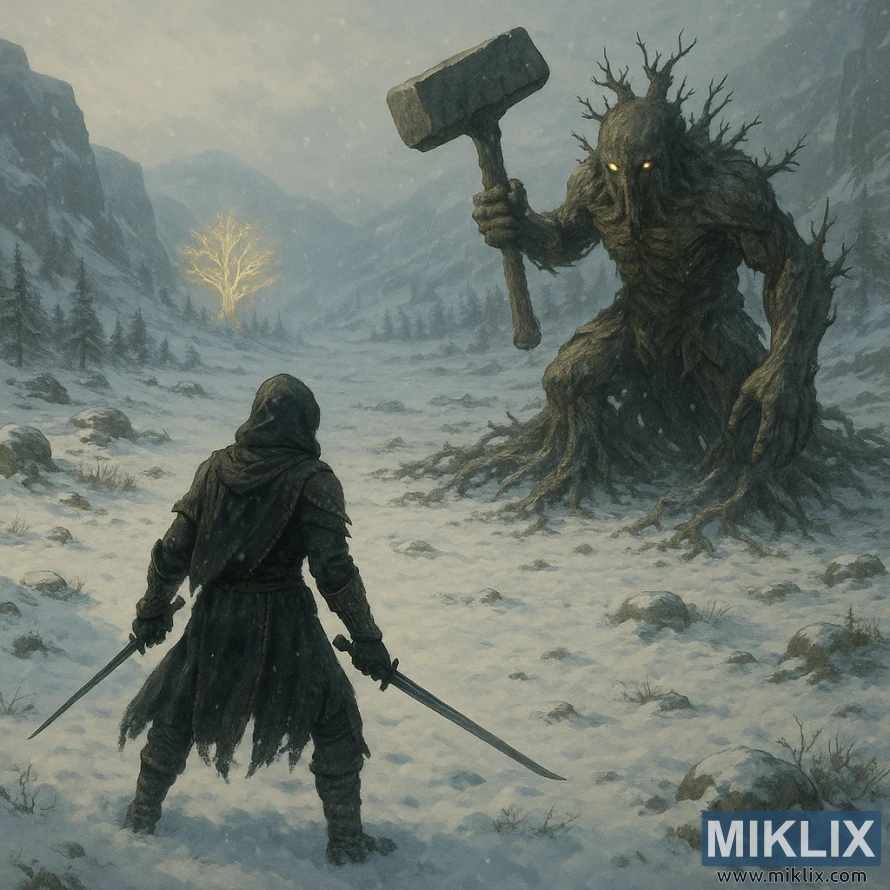 Isigcawu esingokoqobo seqhawe elihlomile le-Black Knife elinama-katana amabili abhekene nesihlahla esikhulu esifana ne-Erdtree Avatar ephethe isando setshe esigodini esineqhwa. Isigcawu esingokoqobo seqhawe elihlomile le-Black Knife elinama-katana amabili abhekene nesihlahla esikhulu esifana ne-Erdtree Avatar ephethe isando setshe esigodini esineqhwa.