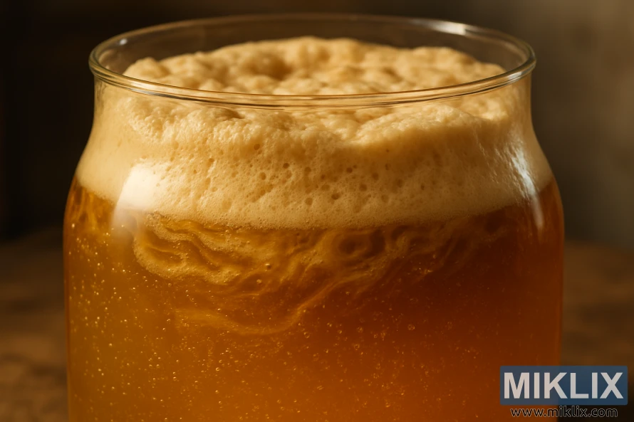 Close-up saka fermentasi kaca karo Golden American Ale aktif fermentasi.