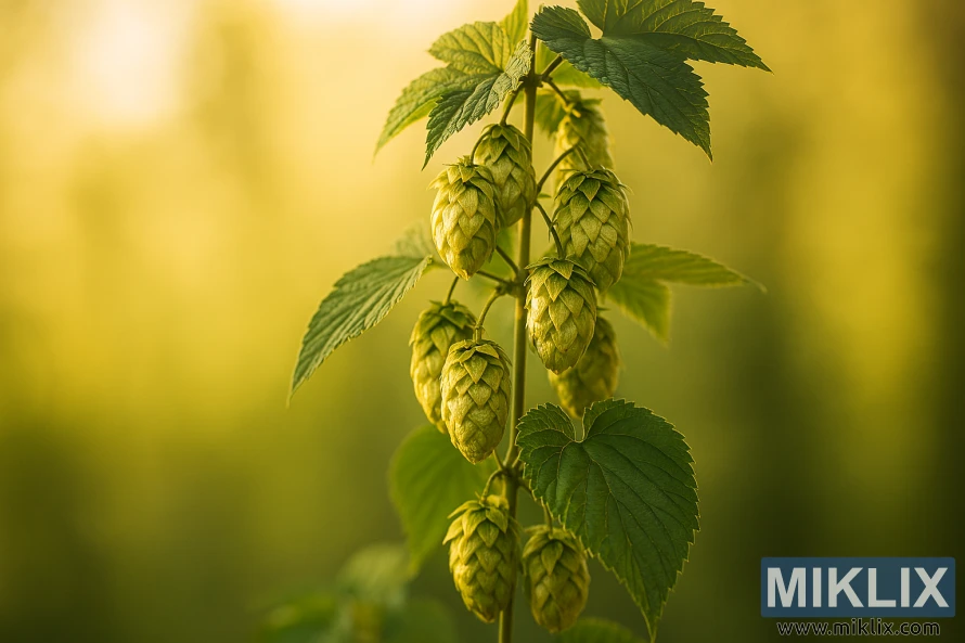 Close-up of Janus hop cones and leaves illuminated by warm golden sunlight with a blurred natural background. Close-up of Janus hop cones and leaves illuminated by warm golden sunlight with a blurred natural background.
