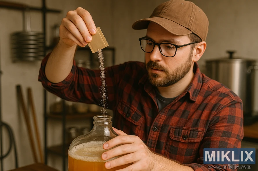 Домашний пивовар в клетчатой рубашке насыпает сухие дрожжи в открытую стеклянную бутыль, наполненную янтарным суслом, в уютной мастерской по домашнему пивоварению. Домашний пивовар в клетчатой рубашке насыпает сухие дрожжи в открытую стеклянную бутыль, наполненную янтарным суслом, в уютной мастерской по домашнему пивоварению.