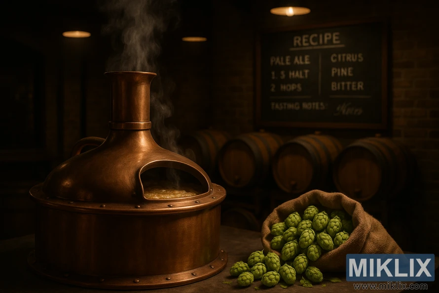 Réz sörfőző üst gőzölög, miközben egy zsákból Zenith komló ömlik ki. Réz sörfőző üst gőzölög, miközben egy zsákból Zenith komló ömlik ki.