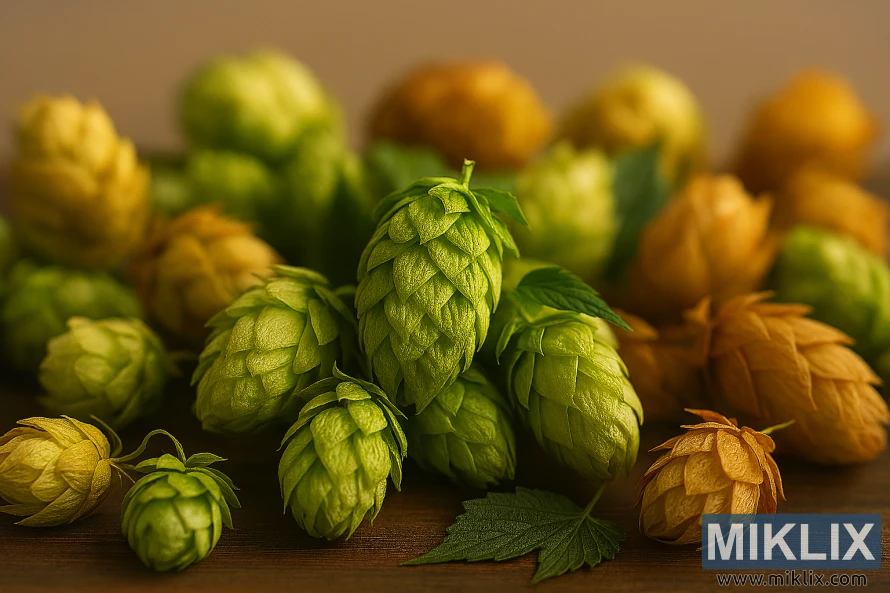 Close-up of Chelan hops surrounded by Cascade, Centennial, and Simcoe cones in varied colors and textures. Close-up of Chelan hops surrounded by Cascade, Centennial, and Simcoe cones in varied colors and textures.