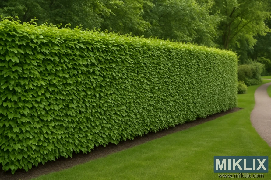 Pagar pohon beech hijau lebat dipangkas rapi untuk membentuk batas taman yang seragam.