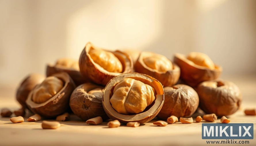 न्यानो प्राकृतिक प्रकाशमा सुनौलो भित्री भाग प्रकट गर्दै, फुट्ने विभिन्न चरणहरूमा ब्राजिलियन बदामहरूको क्लोज-अप। न्यानो प्राकृतिक प्रकाशमा सुनौलो भित्री भाग प्रकट गर्दै, फुट्ने विभिन्न चरणहरूमा ब्राजिलियन बदामहरूको क्लोज-अप।