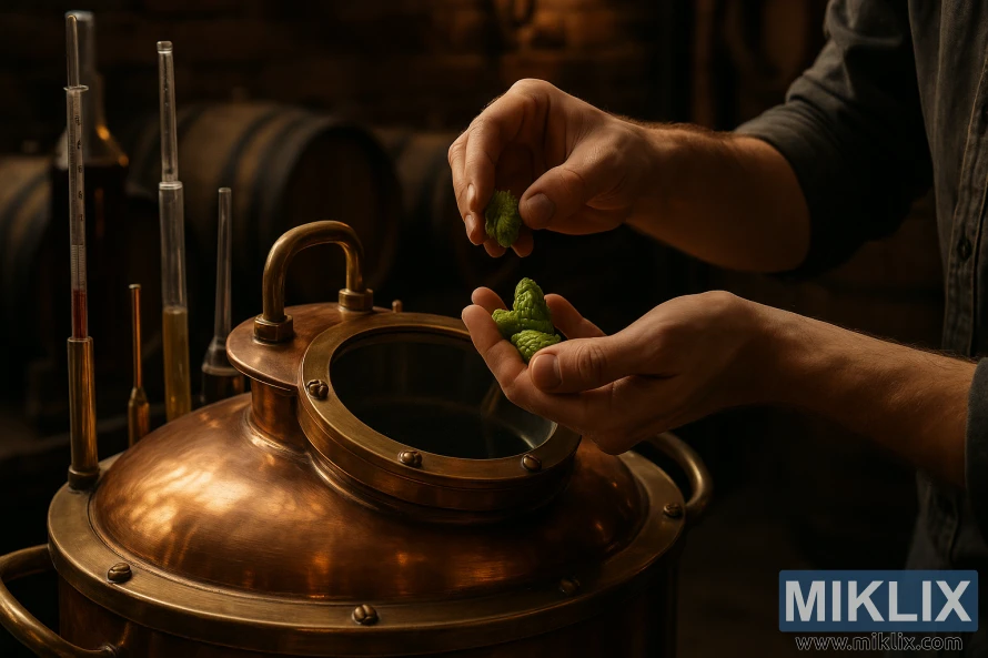 Bryggerhender tilsetter humle i en kobberkjele i et rustikt bryggeri med tønner, verktøy og varmt, gyllent lys.