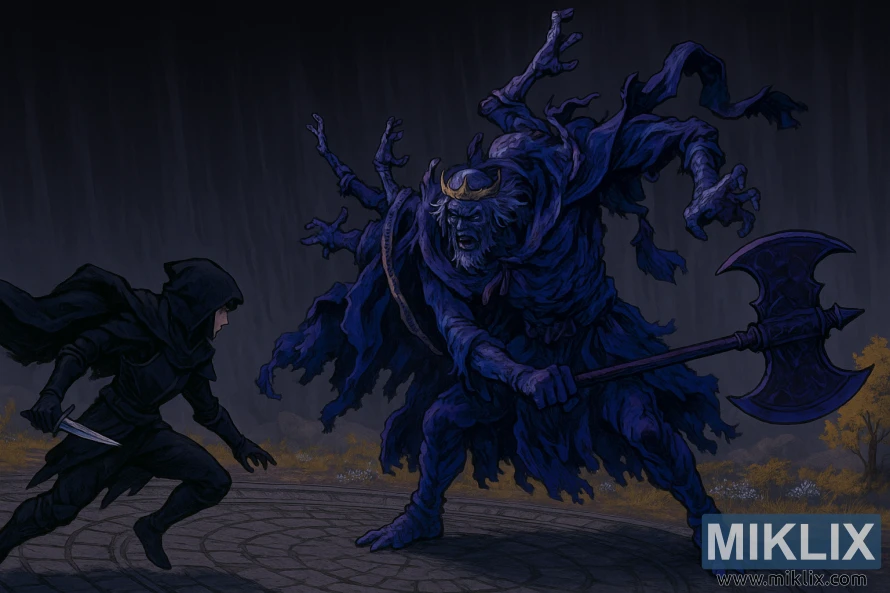 Fan art ao estilo anime mostrando o Maculado com armadura Black Knife a avançar com uma adaga contra Godefroy azul-púrpura, o Enxertado, empunhando um machado enorme numa arena escura da Prisão Eterna. Fan art ao estilo anime mostrando o Maculado com armadura Black Knife a avançar com uma adaga contra Godefroy azul-púrpura, o Enxertado, empunhando um machado enorme numa arena escura da Prisão Eterna.