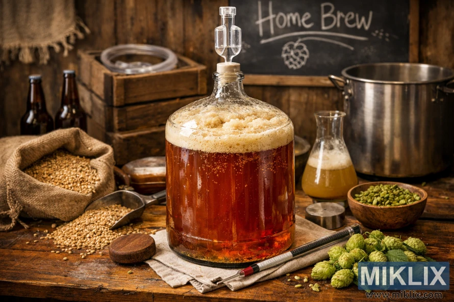 Glass carboy of fermenting American ale with krausen on a rustic wooden table surrounded by hops, malt, and homebrewing tools.