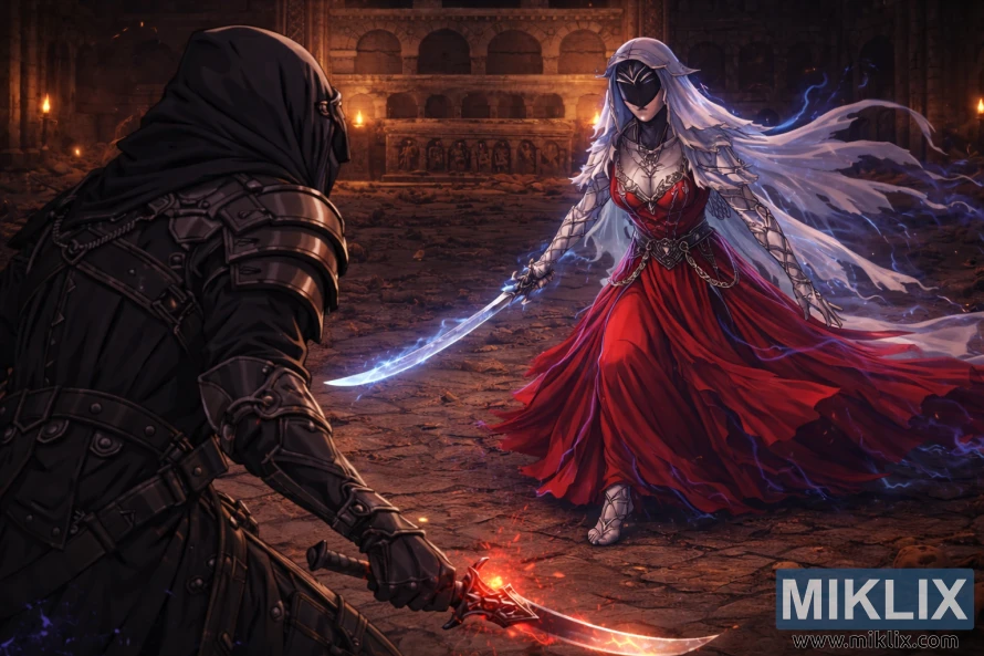 Over-the-shoulder anime-style view of the Tarnished facing the Dancer of Ranah at close range inside a ruined mausoleum just before combat.