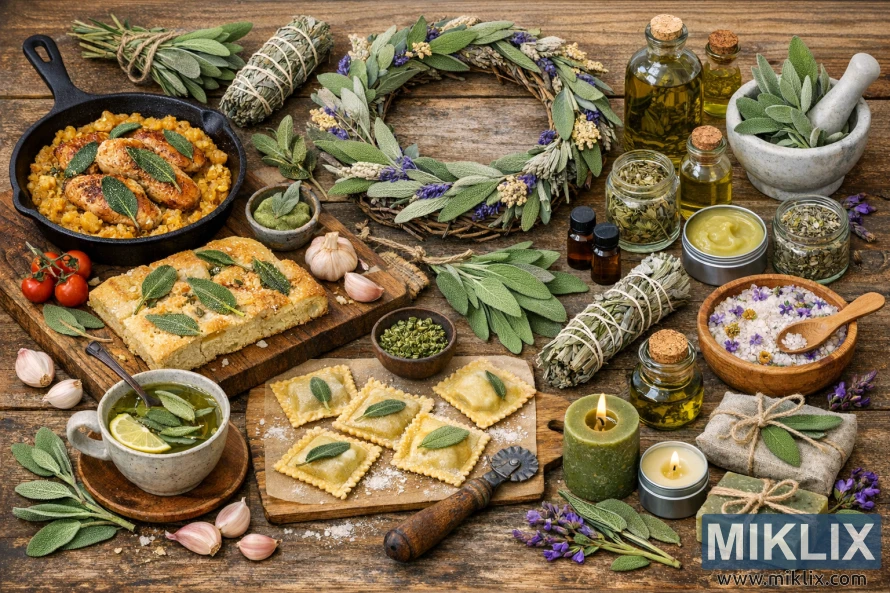 鄉村風格的桌面場景,展示了用鼠尾草葉、精油、花環和肥皂製作的菜餚、手工藝品和藥用製劑。 鄉村風格的桌面場景,展示了用鼠尾草葉、精油、花環和肥皂製作的菜餚、手工藝品和藥用製劑。