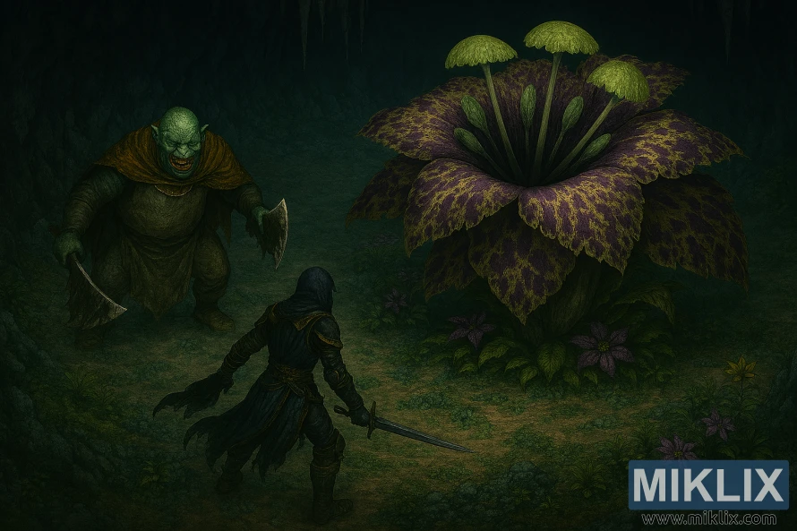 Landscape anime-style image of Tarnished facing Omenkiller and Miranda the Blighted Bloom from above Landscape anime-style image of Tarnished facing Omenkiller and Miranda the Blighted Bloom from above