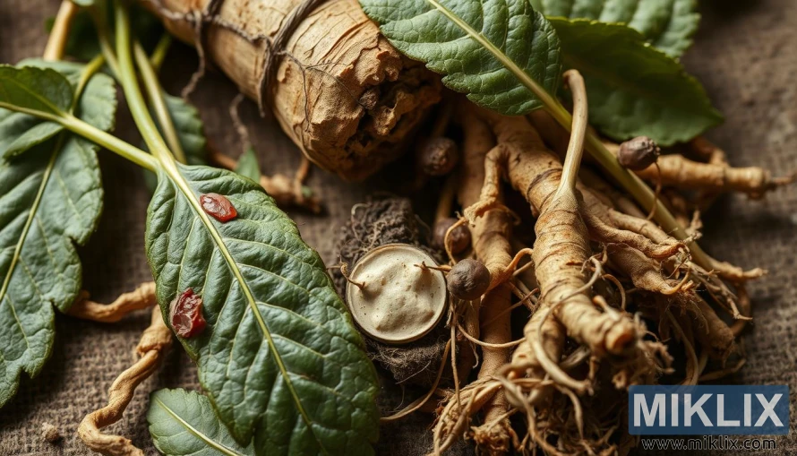 Posnetek od blizu korenin in listov ginsenga, ki kažejo znake obrabe in razbarvanja. Posnetek od blizu korenin in listov ginsenga, ki kažejo znake obrabe in razbarvanja.