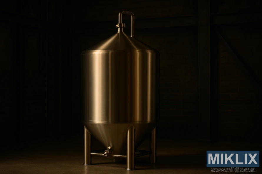 Tangki fermentasi baja tahan karat yang berkilau dalam suasana tempat pembuatan bir industri yang remang-remang. Tangki fermentasi baja tahan karat yang berkilau dalam suasana tempat pembuatan bir industri yang remang-remang.
