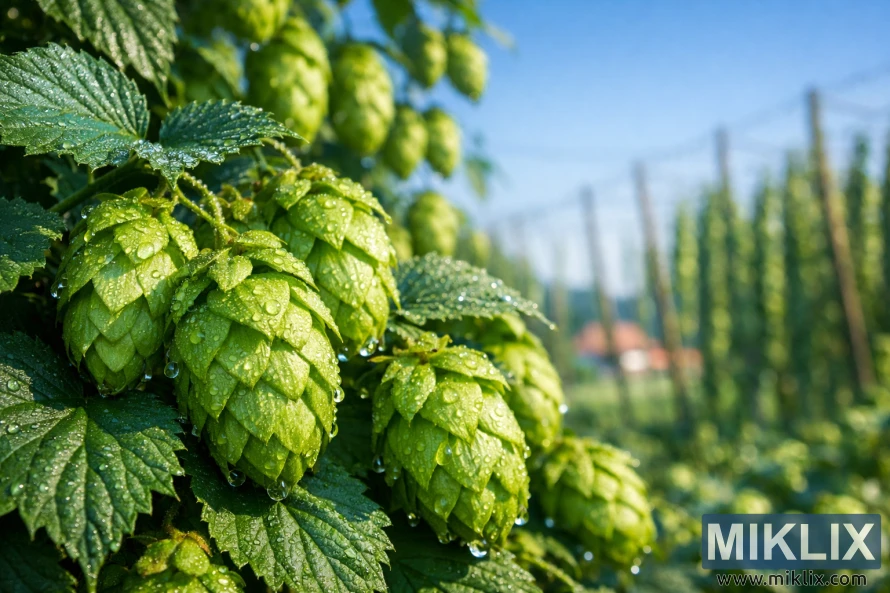 Close-up of vibrant green Württemberger hop cones covered in morning dew, with blurred hop vines and a traditional German hop field in the background under a clear blue sky. Close-up of vibrant green Württemberger hop cones covered in morning dew, with blurred hop vines and a traditional German hop field in the background under a clear blue sky.
