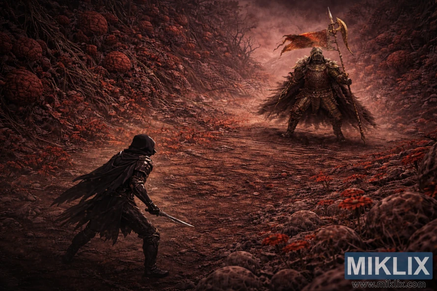 Isometric dark fantasy artwork showing the Tarnished in Black Knife armor approaching the towering Commander O’Neil across the scarlet, rot-filled Swamp of Aeonia before battle.
